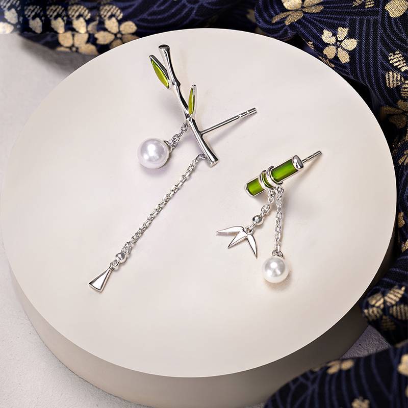 Bamboo children silver needle pearl simple Earrings