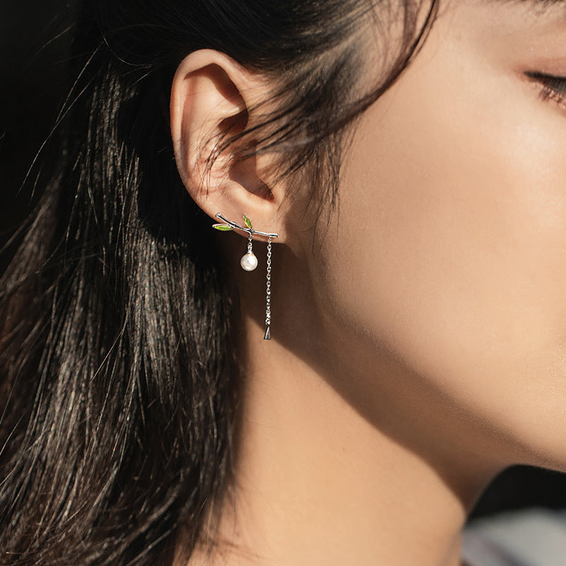 Bamboo children silver needle pearl simple Earrings