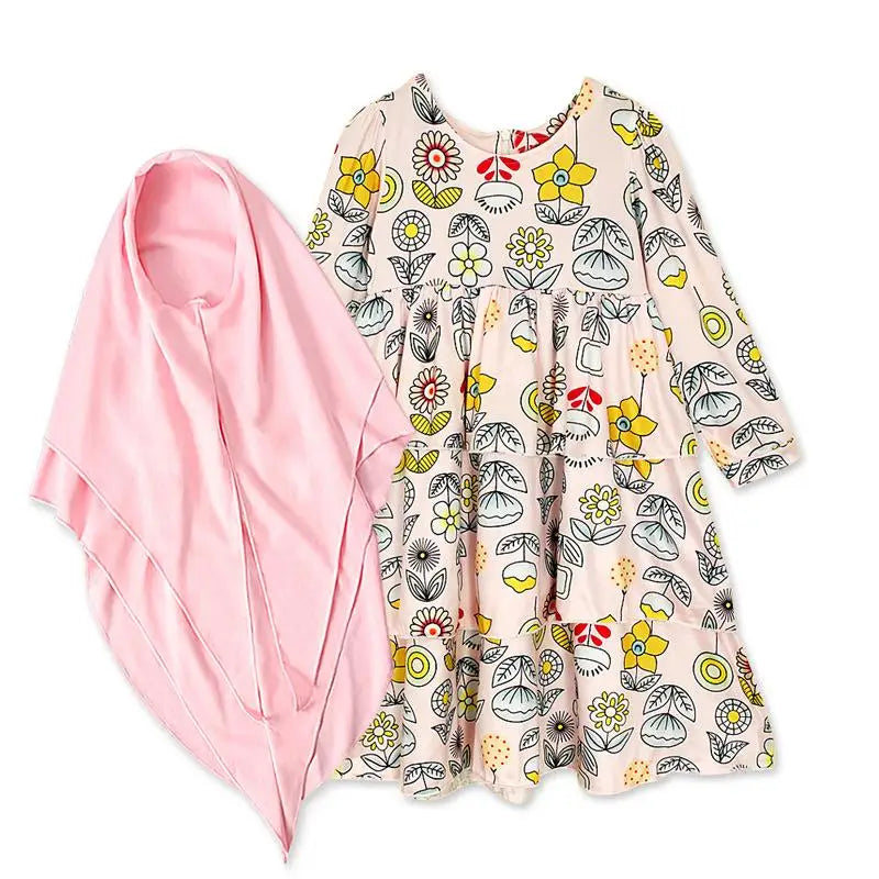 2pcs Muslim Children Printed Hijab Dress Islamic Kids Girls Abaya Prayer Scarf Khimar Abayas Dubai Turkey Kaftan