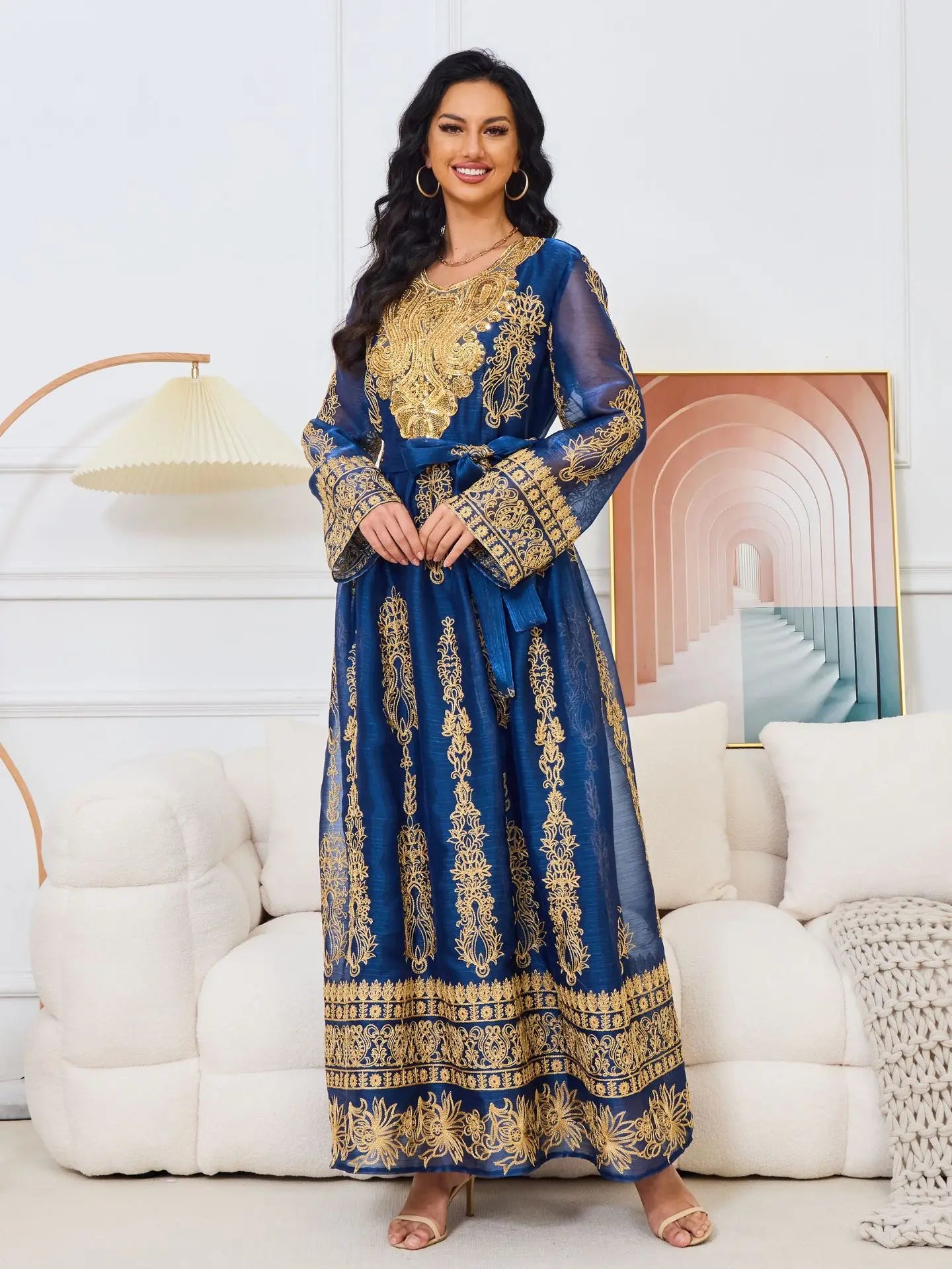 Moroccan Caftan Abaya For Women Dubai Muslim Robe Embroidered Pattern Round Neck Large Swing Long Dress For Party Clothing