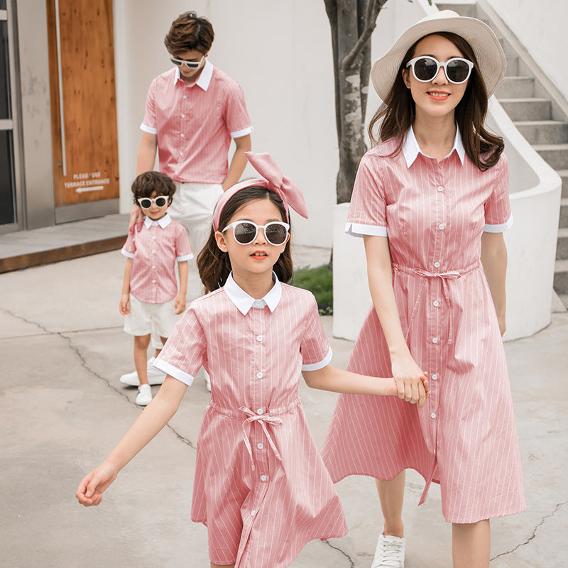 Mother Daughter Shirt Dresses Striped Blouse Mommy and Me Clothes Mom Son Outfits Family Matching Clothing Tee Shirts for Dad