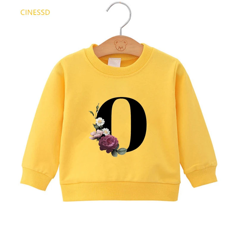 Flowers 26 English Alphabet G-P Print Children 'S Sweatshirts And Hoodie Cute Girls Clothes Winter Velvet Streetwear Teen Tops