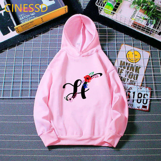 Novelty Floral English Alphabet Letter Print Kids Sweatshirts Cute Kids Top Clothes Teen Girls Winter White Pink Yellow Hoodies