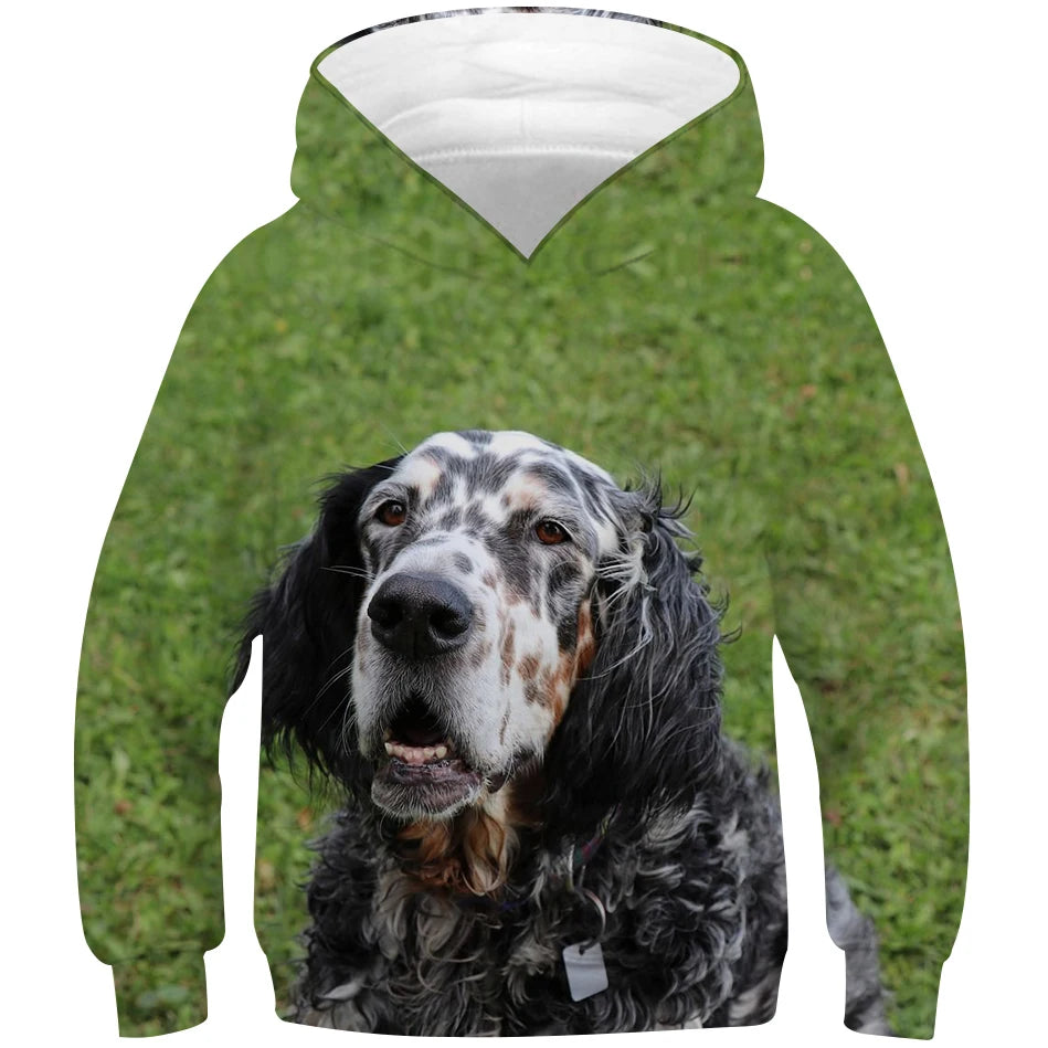 Spring Autumn 4-13Y Kids Animal English Setter Dog Pullover Clothes Boys Girls Hooded Sweatshirts Children Casual Hoodie Costume