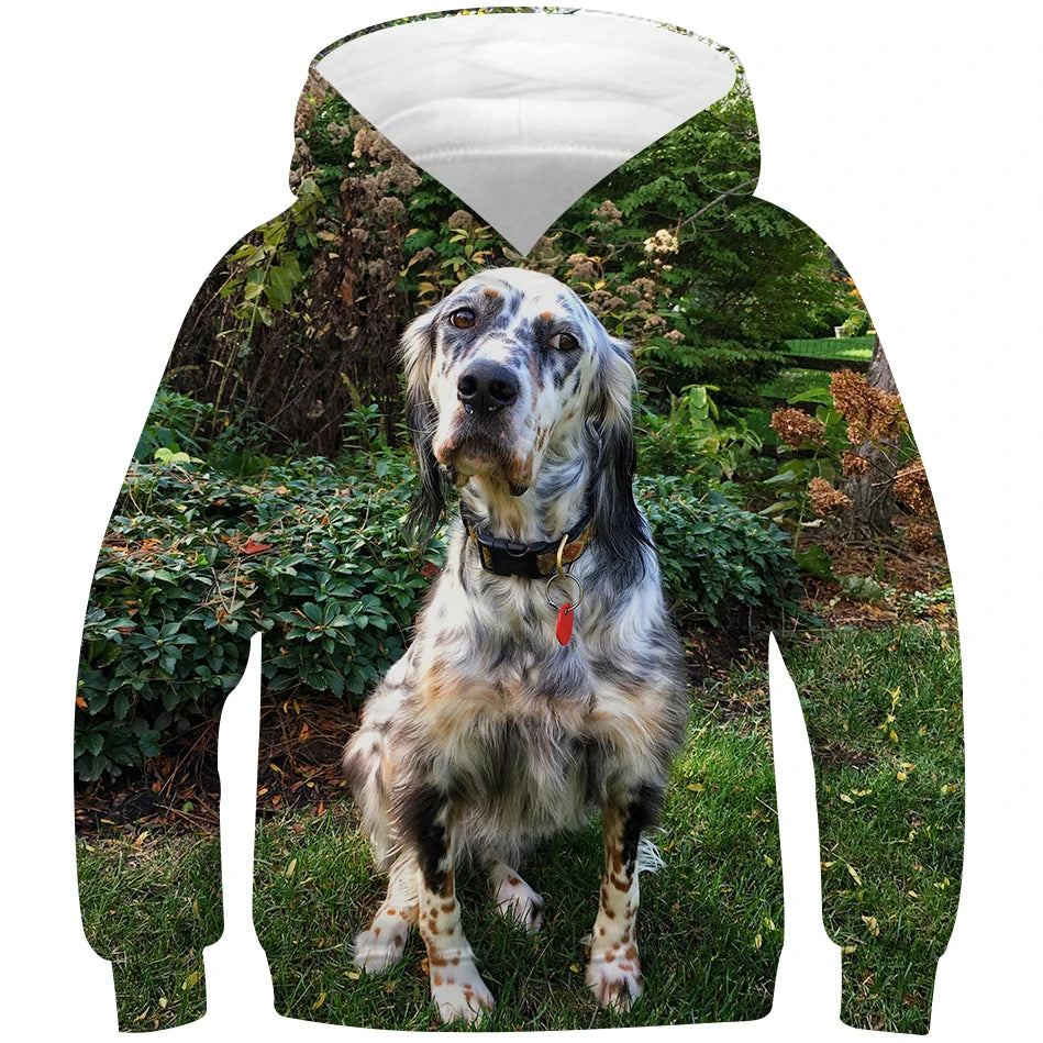 Spring Autumn 4-13Y Kids Animal English Setter Dog Pullover Clothes Boys Girls Hooded Sweatshirts Children Casual Hoodie Costume