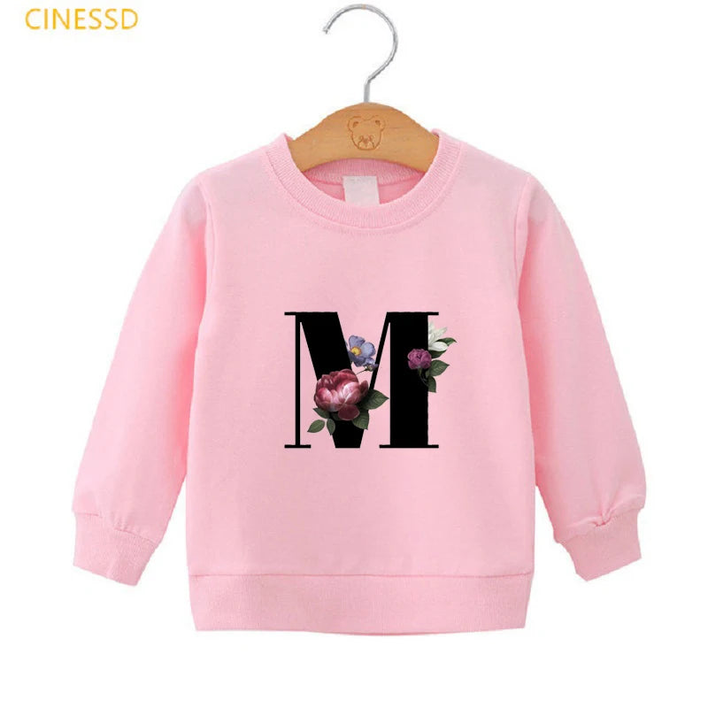 Flowers 26 English Alphabet G-P Print Children 'S Sweatshirts And Hoodie Cute Girls Clothes Winter Velvet Streetwear Teen Tops