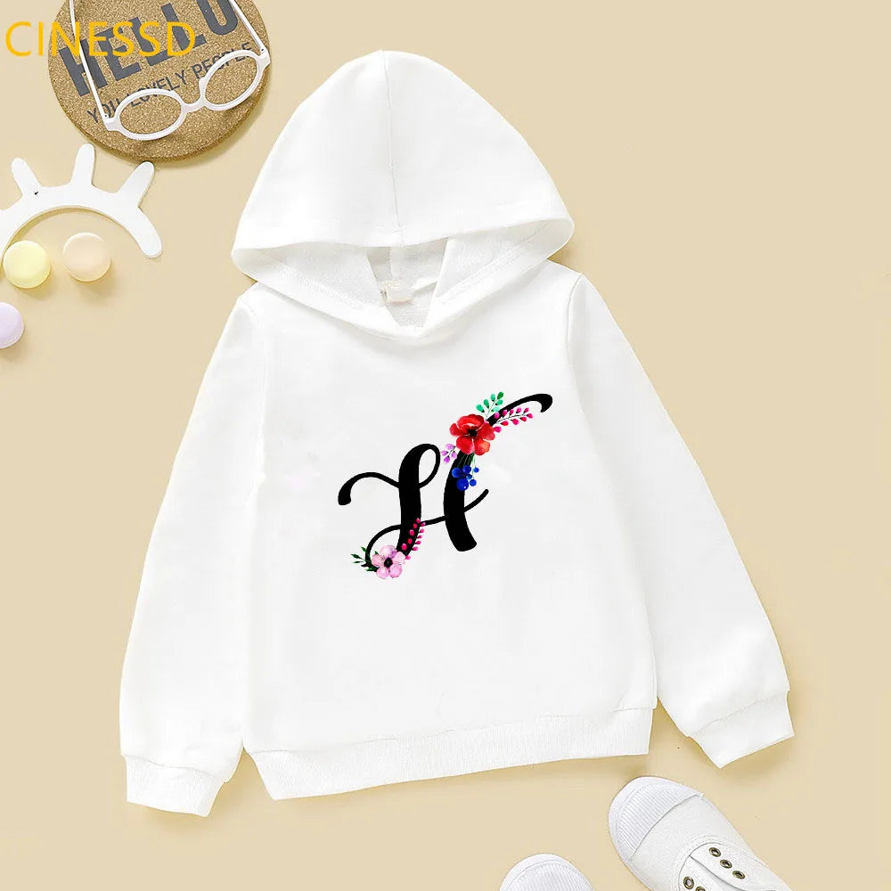 Novelty Floral English Alphabet Letter Print Kids Sweatshirts Cute Kids Top Clothes Teen Girls Winter White Pink Yellow Hoodies