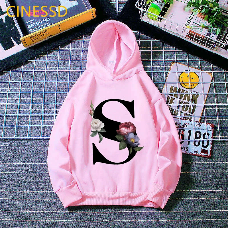 2020 new winter A-T English Alphabet flowers Print cap sweatshirt for children pink girls hoodie thick kids teens boys clothes