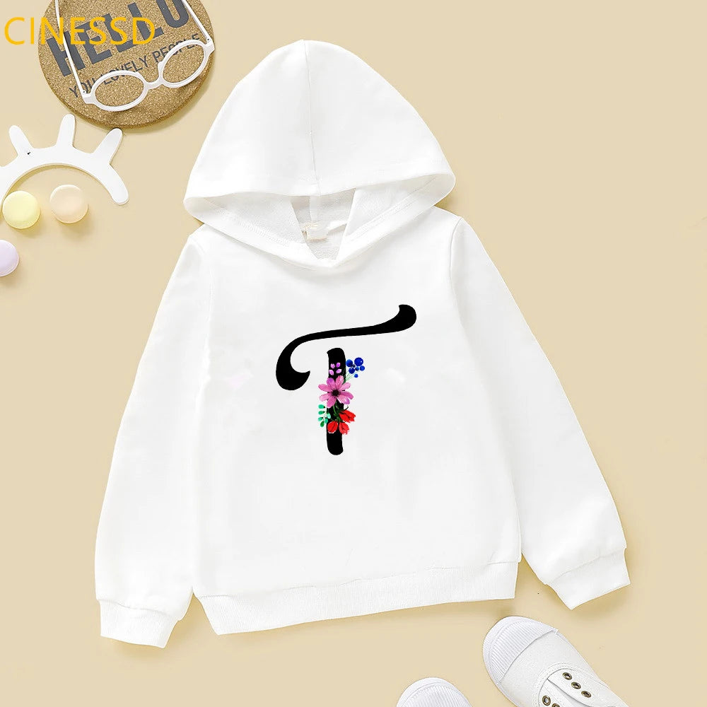 Novelty Floral English Alphabet Letter Print Kids Sweatshirts Cute Kids Top Clothes Teen Girls Winter White Pink Yellow Hoodies