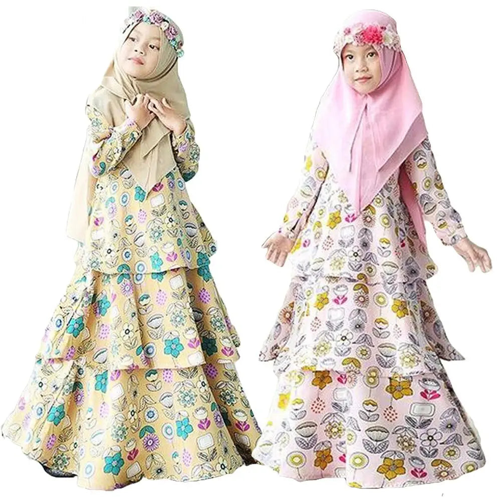 2pcs Muslim Children Printed Hijab Dress Islamic Kids Girls Abaya Prayer Scarf Khimar Abayas Dubai Turkey Kaftan