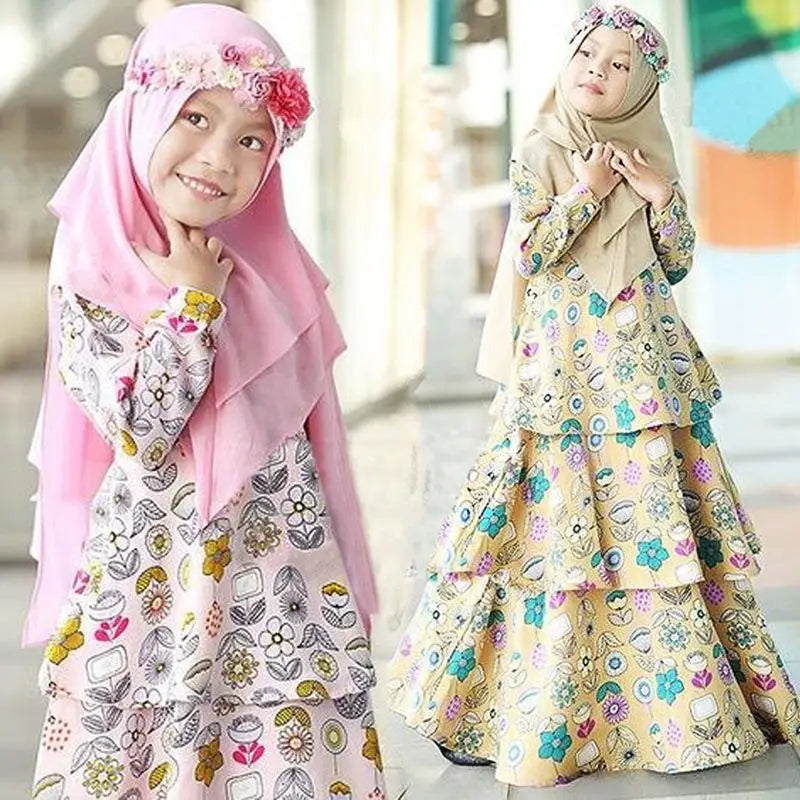 2pcs Muslim Children Printed Hijab Dress Islamic Kids Girls Abaya Prayer Scarf Khimar Abayas Dubai Turkey Kaftan