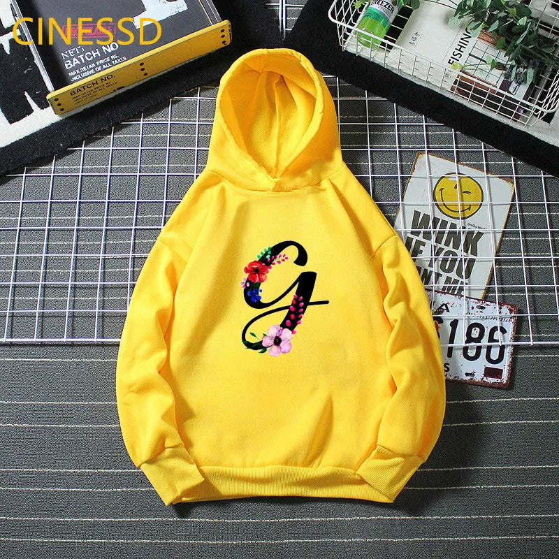 Novelty Floral English Alphabet Letter Print Kids Sweatshirts Cute Kids Top Clothes Teen Girls Winter White Pink Yellow Hoodies