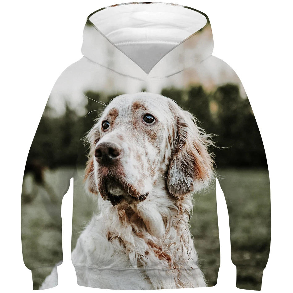 Spring Autumn 4-13Y Kids Animal English Setter Dog Pullover Clothes Boys Girls Hooded Sweatshirts Children Casual Hoodie Costume