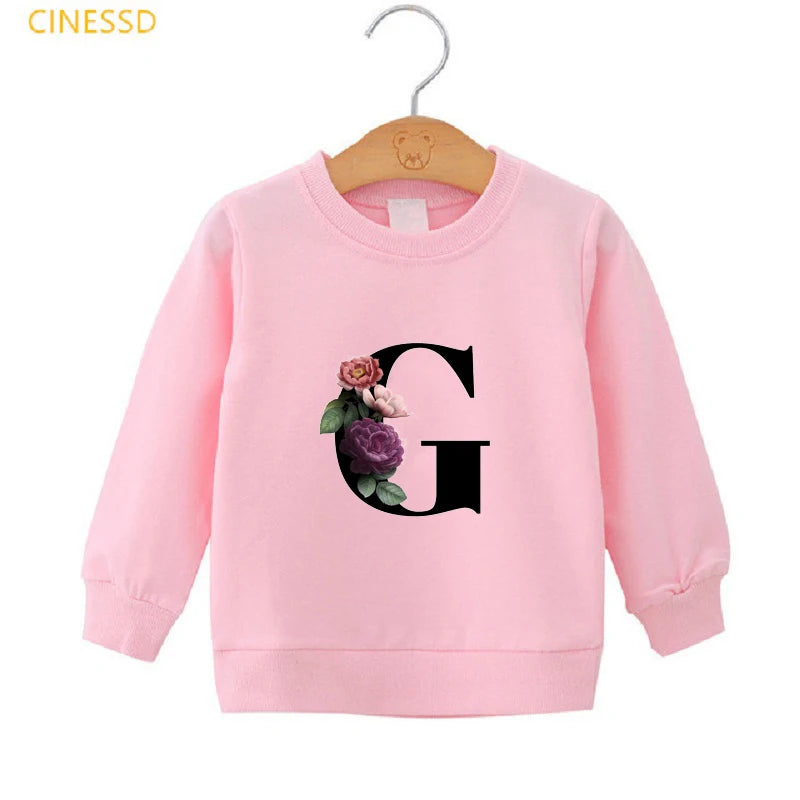 Flowers 26 English Alphabet G-P Print Children 'S Sweatshirts And Hoodie Cute Girls Clothes Winter Velvet Streetwear Teen Tops