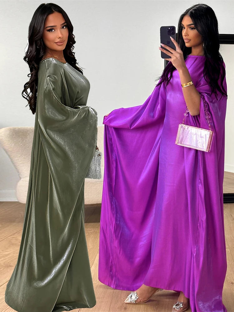 Batwing Butterfly Sleeve Satin Khimar Abaya Dubai Muslim Maxi Dress Kaftan Abaya