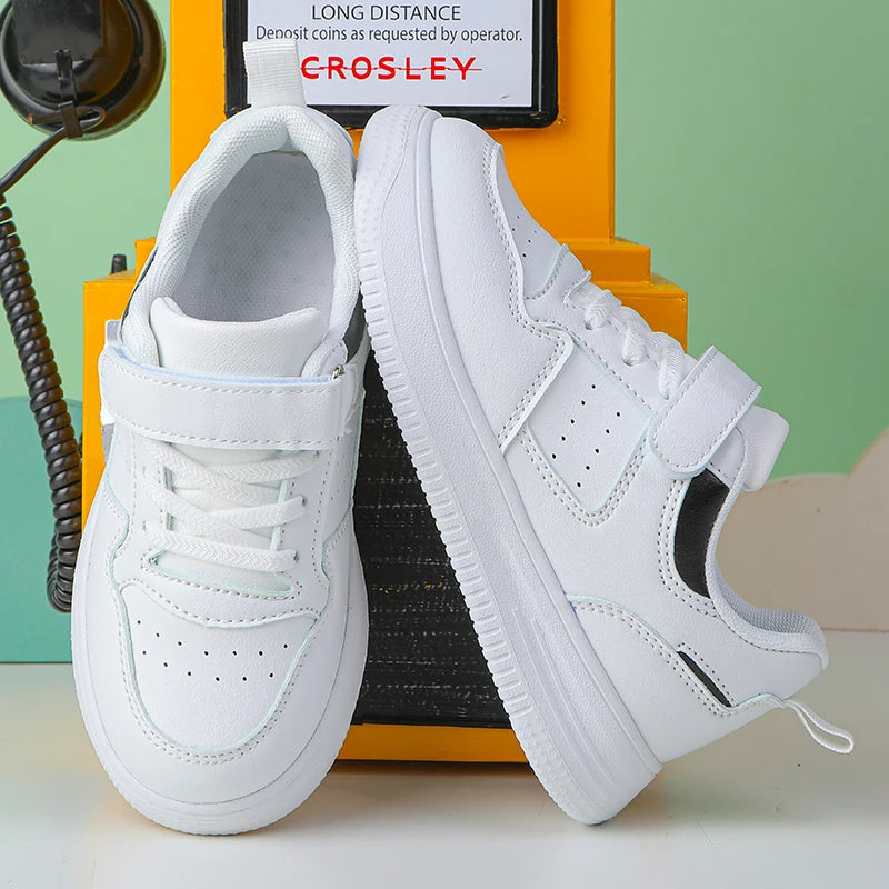 Kid's School White Shoes Boys Girls Tennis Sports Running Sneakers Childrens Student Walking Leather Flat Casual Skateboard Shoe