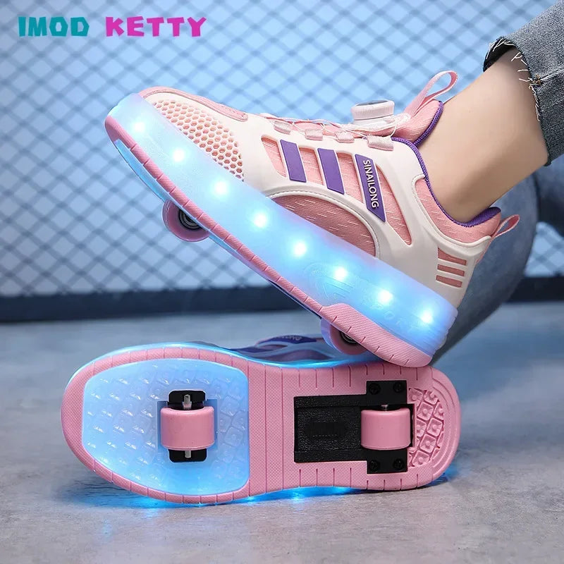 Autumn Outdoor Parkour Roller Skate Shoes Sports Childrens Kids Boys Girls USB Charging Glowing Casual Sneakers Led Light Wheels