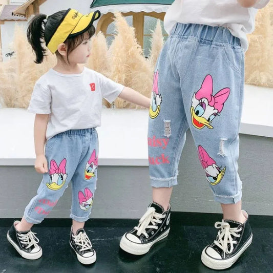 Spring Summer Children Cartoon Daisy Jeans Thin Baby Girls Loose Denim Pants Kids Fashion Casual Trousers for 2-6 Years