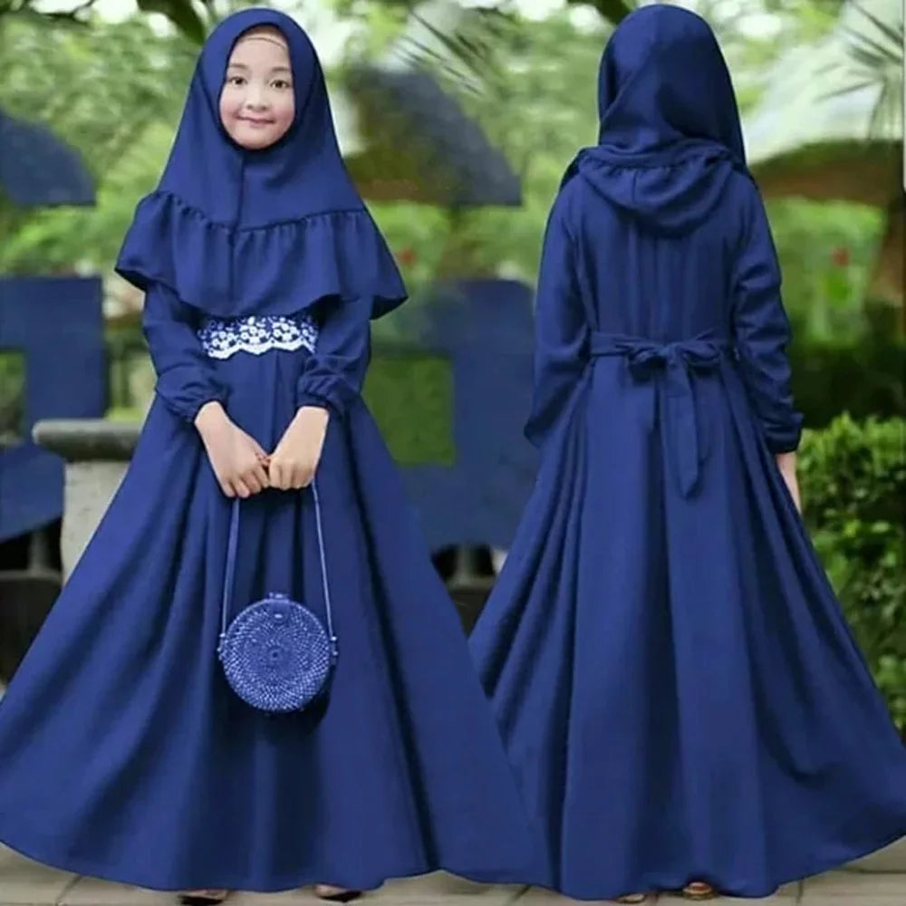 Girls Hijab Abaya Overhead 2PCS Set Headscarf Dress Muslim Islamic Children Clothing Niqab Khimar Burqa Kaftan