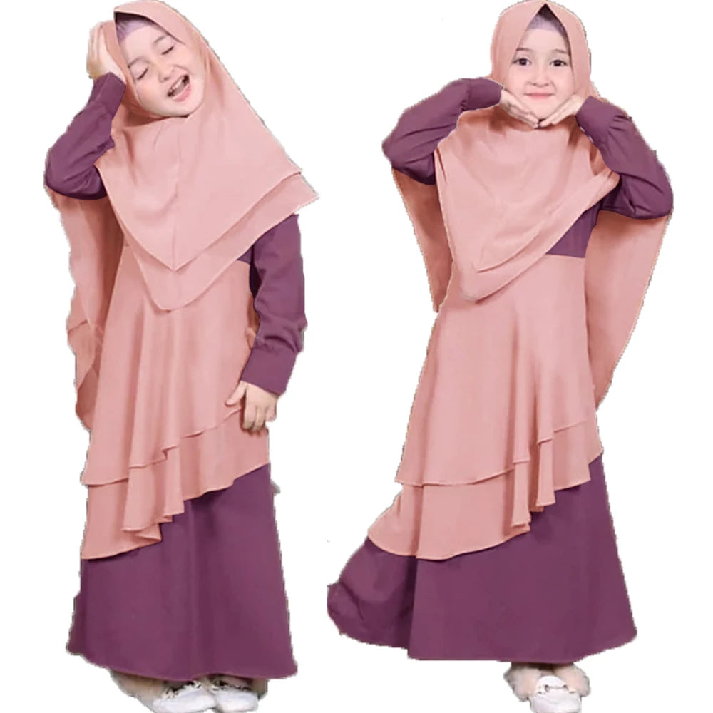 2Pcs Abaya Kids Girls Muslim Hijab Khimar Prayer Maxi Dresses Set