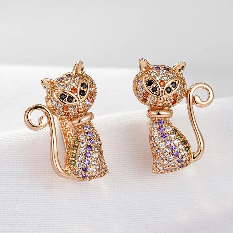 Kinel Fashion 585 Rose Gold Cute Cat Earrings For Girls