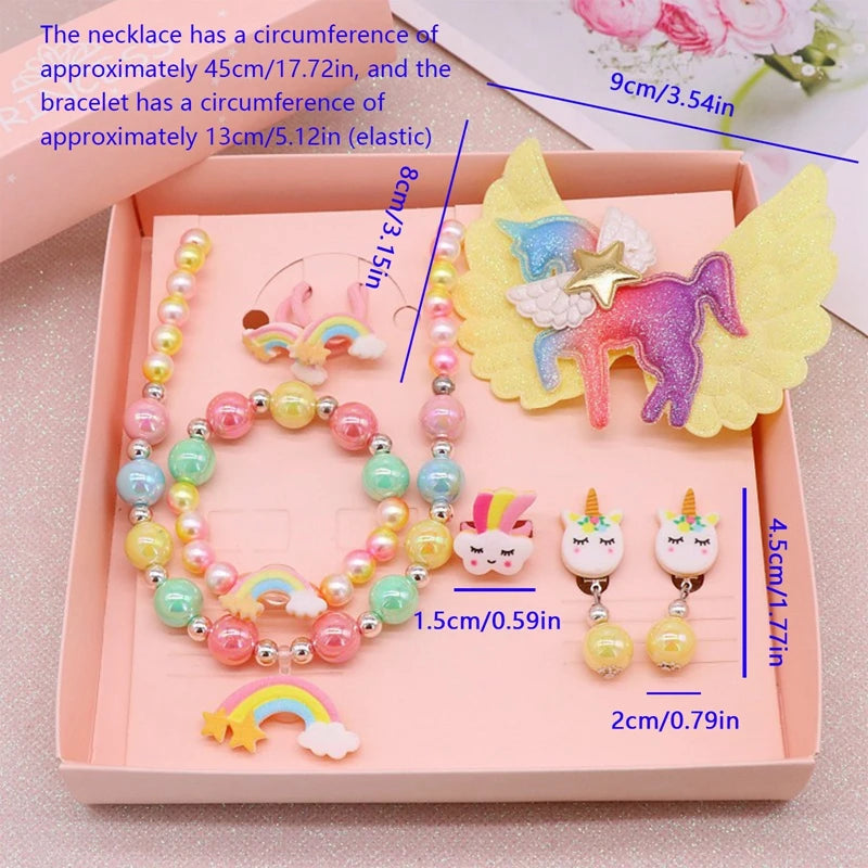 8pcs/set Baby Girls Beads Necklace Set Rainbow Unicorn Pendant