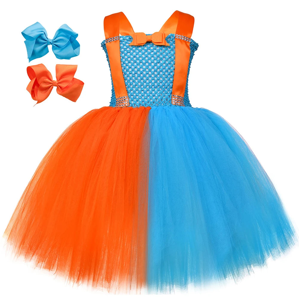 Baby Girls English Cartoons Dress Up Costumes for Kids Orange Skyblue Tutu Outfit with Hat Glasses Suspenders Children Clothes