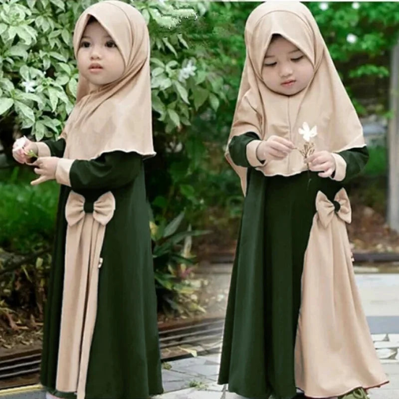 Kids Girls Hijab Dress Niqab Khimar Caftan Overhead Kaftan Islamic Prayer Garment Clothes Robe Abaya Gown Set