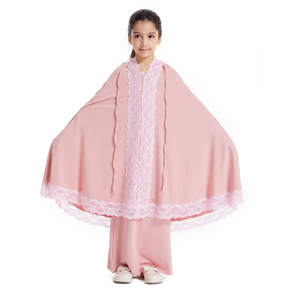 2PCS Full Cover Girls Kids Hijab Dress Lace Khimar Skirt Muslim Children