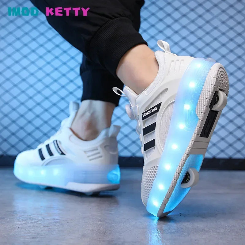 Autumn Outdoor Parkour Roller Skate Shoes Sports Childrens Kids Boys Girls USB Charging Glowing Casual Sneakers Led Light Wheels