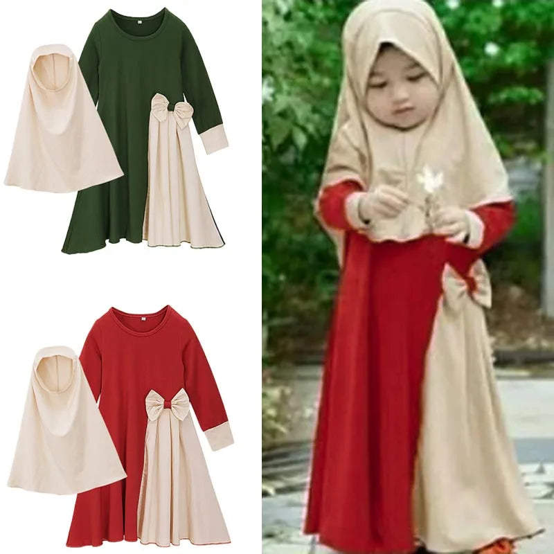 Kids Girls Hijab Dress Niqab Khimar Caftan Overhead Kaftan Islamic Prayer Garment Clothes Robe Abaya Gown Set