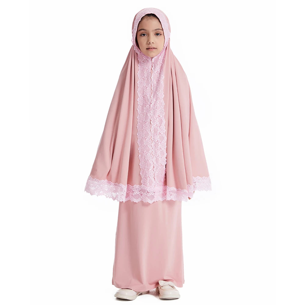 2PCS Full Cover Girls Kids Hijab Dress Lace Khimar Skirt Muslim Children