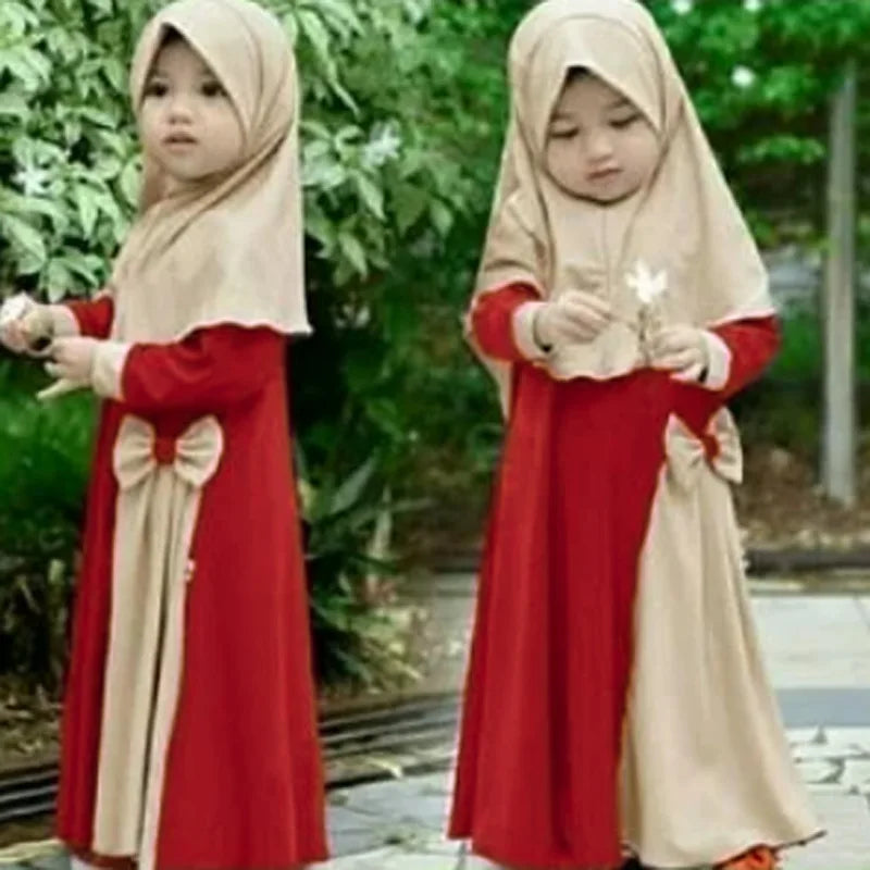 Kids Girls Hijab Dress Niqab Khimar Caftan Overhead Kaftan Islamic Prayer Garment Clothes Robe Abaya Gown Set