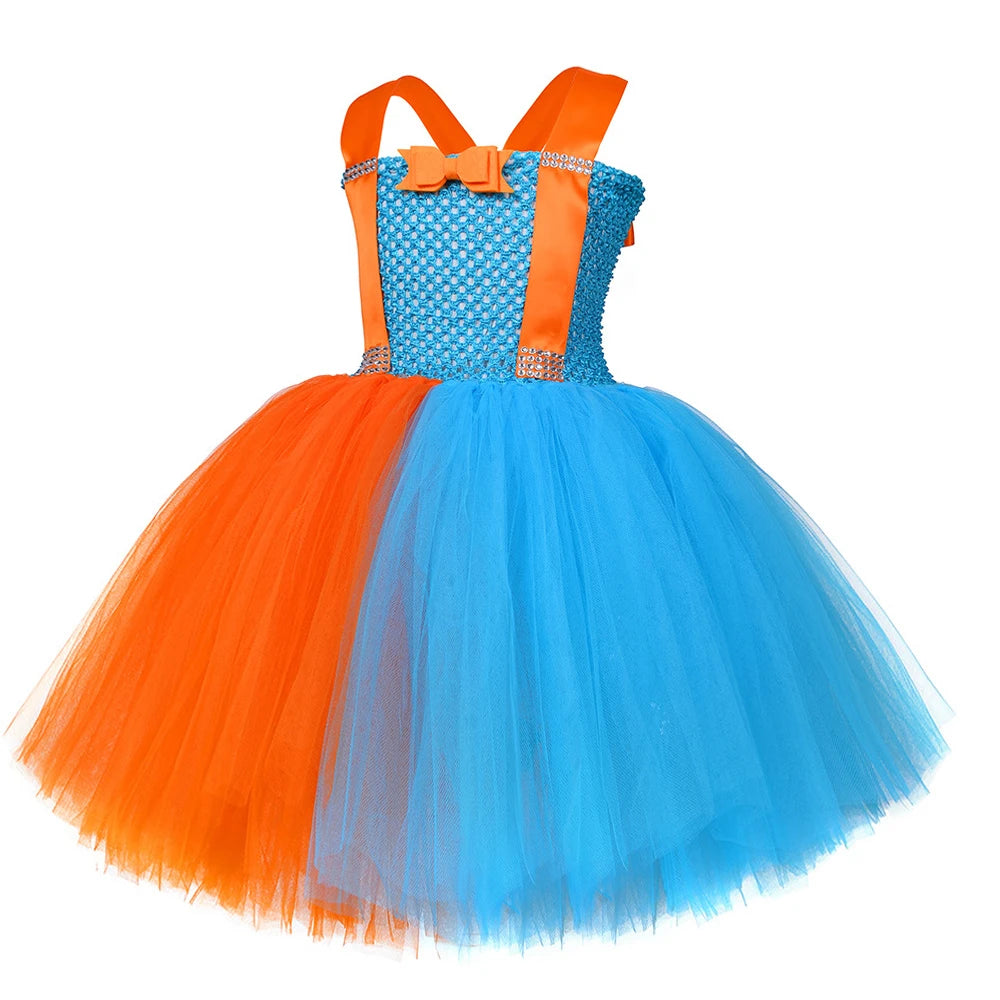 Baby Girls English Cartoons Dress Up Costumes for Kids Orange Skyblue Tutu Outfit with Hat Glasses Suspenders Children Clothes