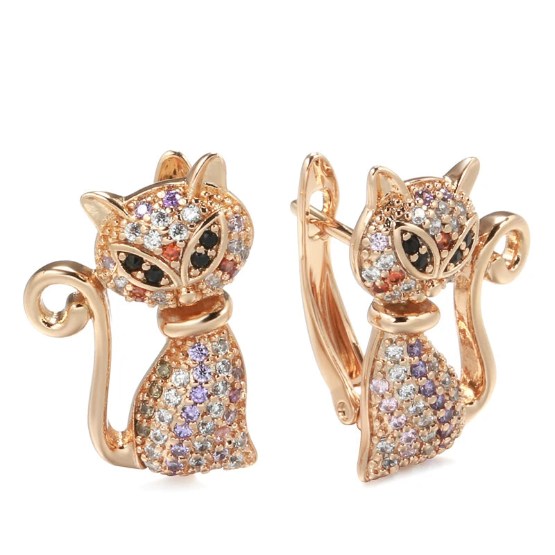 Kinel Fashion 585 Rose Gold Cute Cat Earrings For Girls