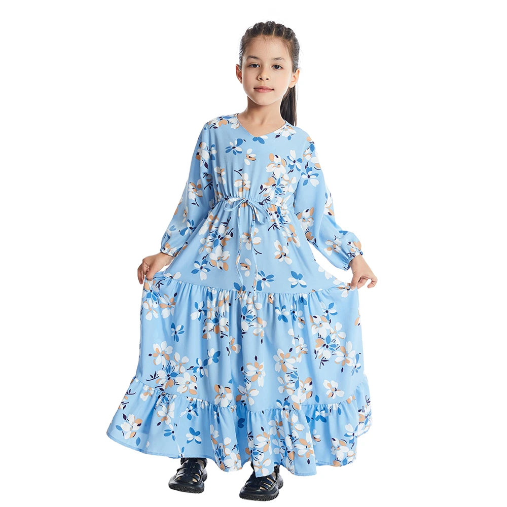 Children Abaya Muslim Kids Floral Printed Long Maxi Dress Dubai Kaftan