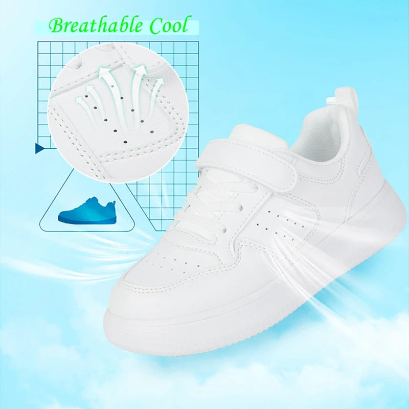 Kid's School White Shoes Boys Girls Tennis Sports Running Sneakers Childrens Student Walking Leather Flat Casual Skateboard Shoe