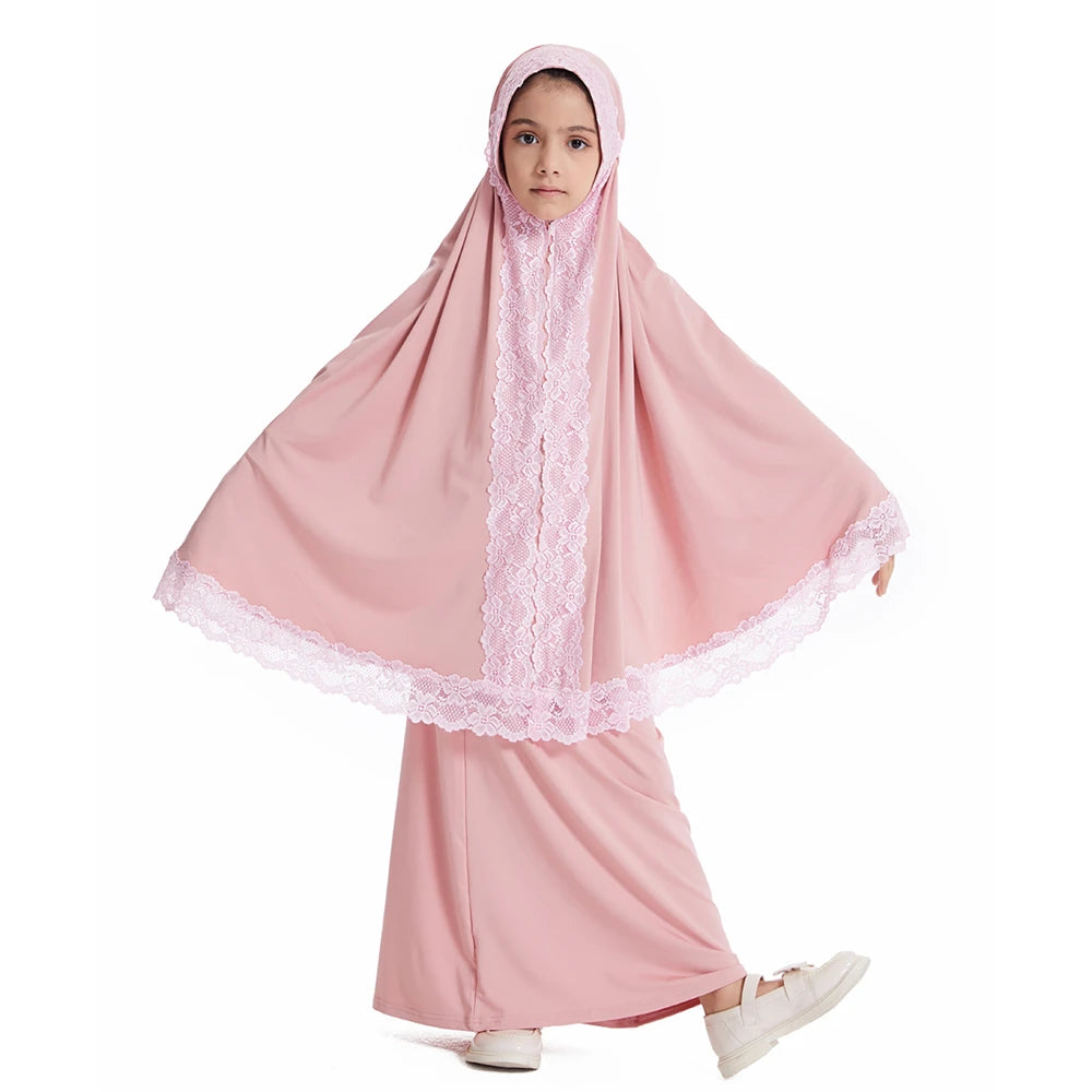 2PCS Full Cover Girls Kids Hijab Dress Lace Khimar Skirt Muslim Children