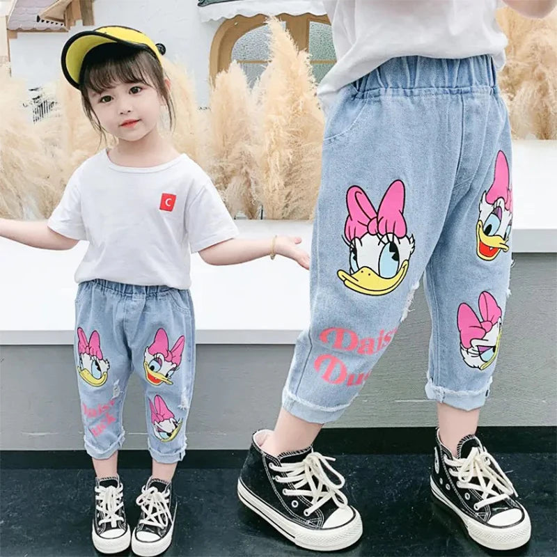 Spring Summer Children Cartoon Daisy Jeans Thin Baby Girls Loose Denim Pants Kids Fashion Casual Trousers for 2-6 Years