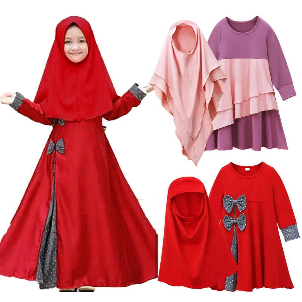 2Pcs Abaya Kids Girls Muslim Hijab Khimar Prayer Maxi Dresses Set