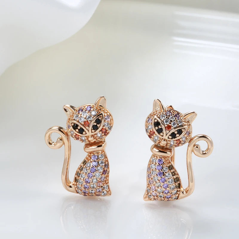 Kinel Fashion 585 Rose Gold Cute Cat Earrings For Girls