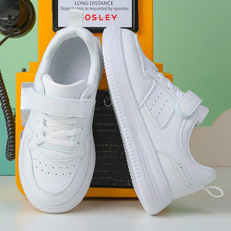 Kid's School White Shoes Boys Girls Tennis Sports Running Sneakers Childrens Student Walking Leather Flat Casual Skateboard Shoe