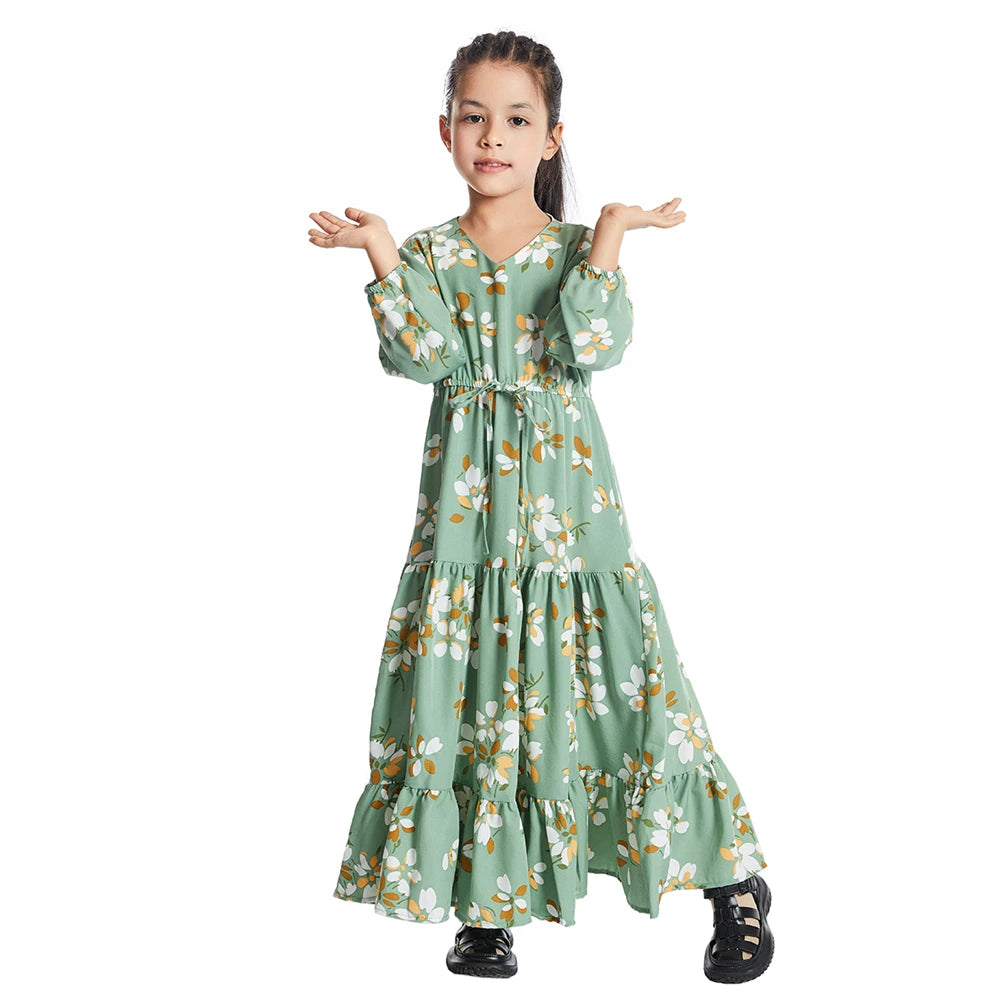 Children Abaya Muslim Kids Floral Printed Long Maxi Dress Dubai Kaftan