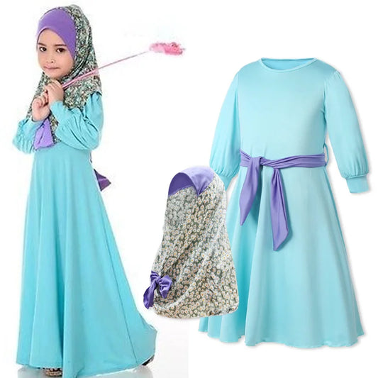 2 Pieces Set Flower Kids Clothing Child Abaya Muslim Girls Hijab Dress Abayas