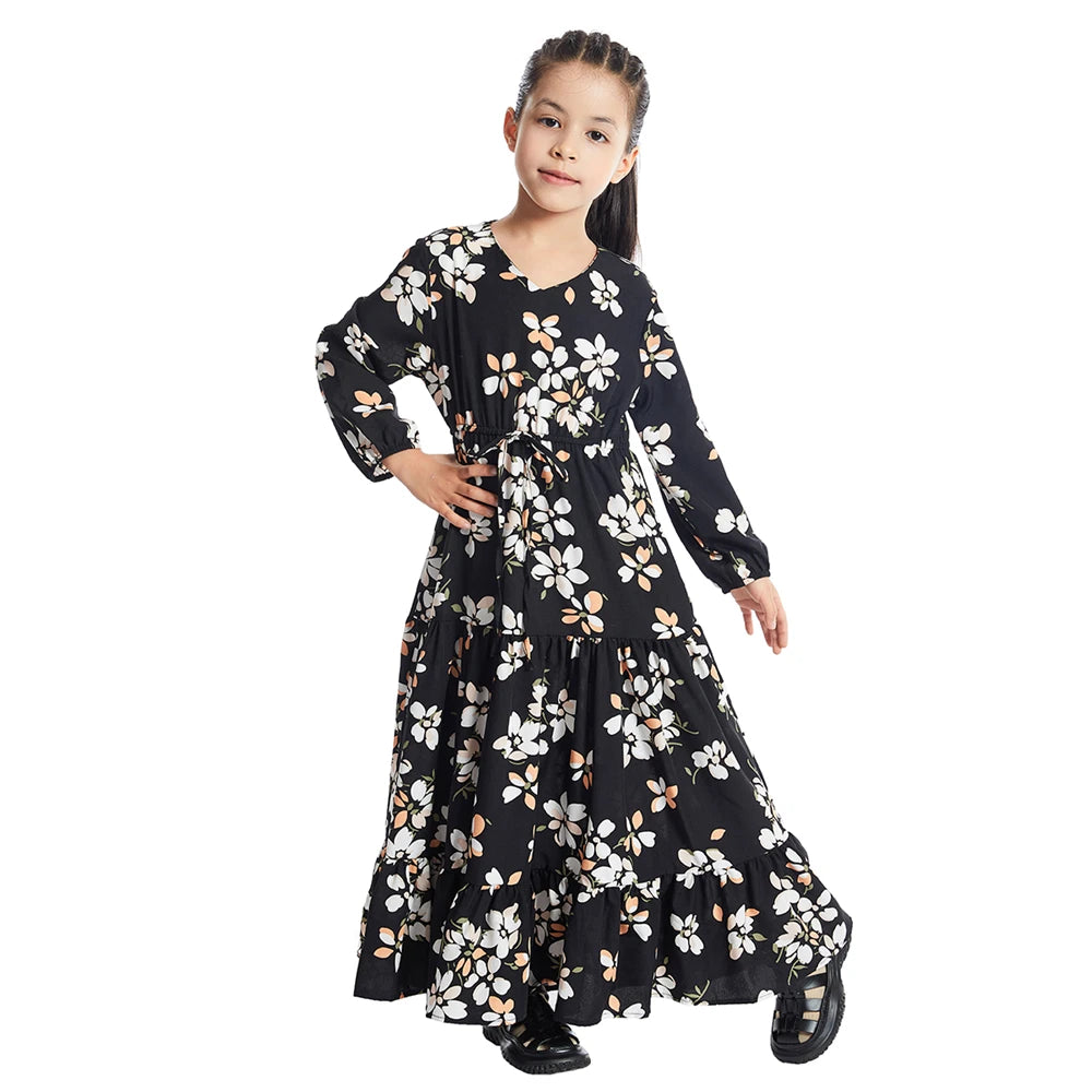 Children Abaya Muslim Kids Floral Printed Long Maxi Dress Dubai Kaftan