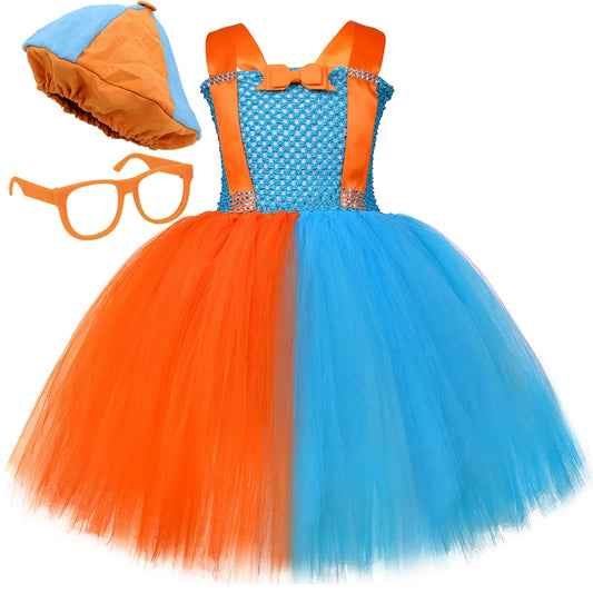 Baby Girls English Cartoons Dress Up Costumes for Kids Orange Skyblue Tutu Outfit with Hat Glasses Suspenders Children Clothes