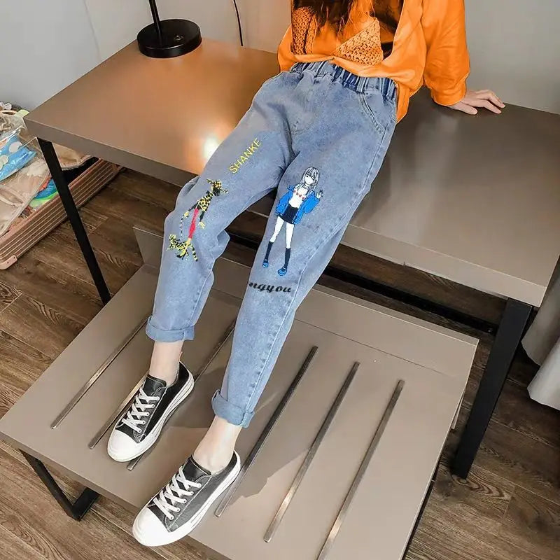 Fashion Girls Cartoon Rabbit Embroidered Jeans Kids Pants Korean Girls Slim-Fit Denim Trousers 3-12 Year Old Children’s Clothing