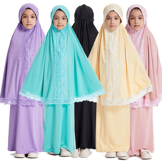 2PCS Full Cover Girls Kids Hijab Dress Lace Khimar Skirt Muslim Children