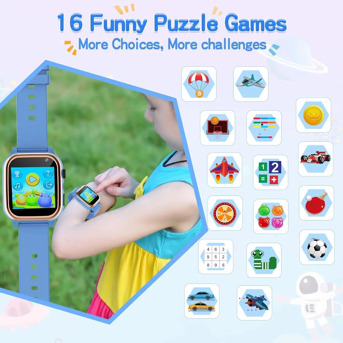 Smart Watch Kids 2024 16 Puzzle Games Magic Camera Take Videos Flashlight Alarm Clock Pedometer Gifts For Children 4 to 12