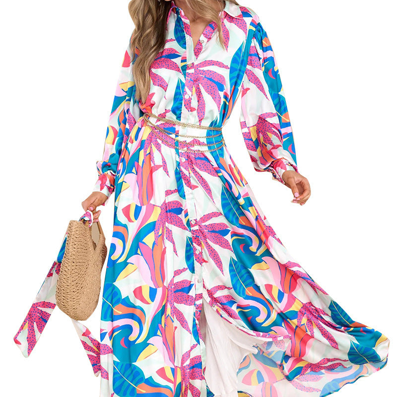 New Printed Dresses Long-sleeved Polo Collar Oversized Hem Dresses Women